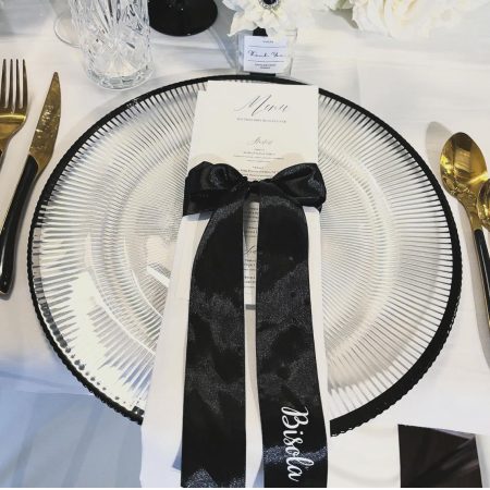 Black stripped glass charger plate for hire